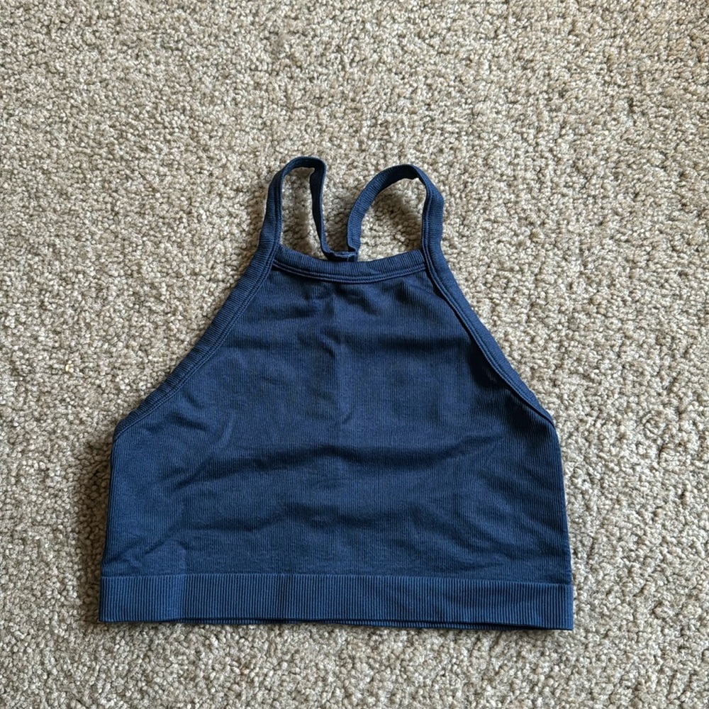 Navy blue crop top with unique back, target, stretchy material